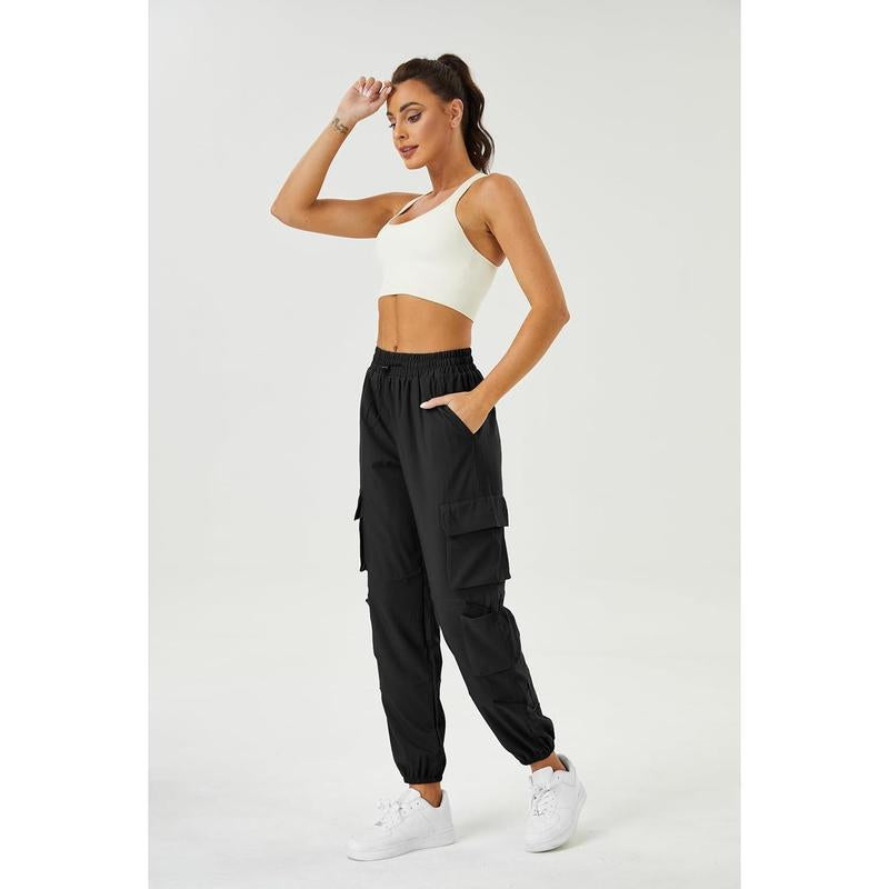 Womens Parachute Cargo Pants with Pockets Quick Dry Hiking Pants Lightweight Waterproof Baggy Joggers Black
