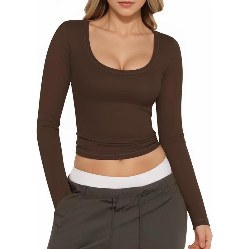 Womens Scoop Neck Long Sleeve Shirts Slim Fitted Sexy Crop Tops