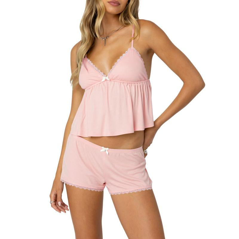 Women'S Summer Lounge Set Sleeveless V Neck Cami Tops Lace Trim Shorts Sleepwear Outfits Cute Women'S Pajamas Set