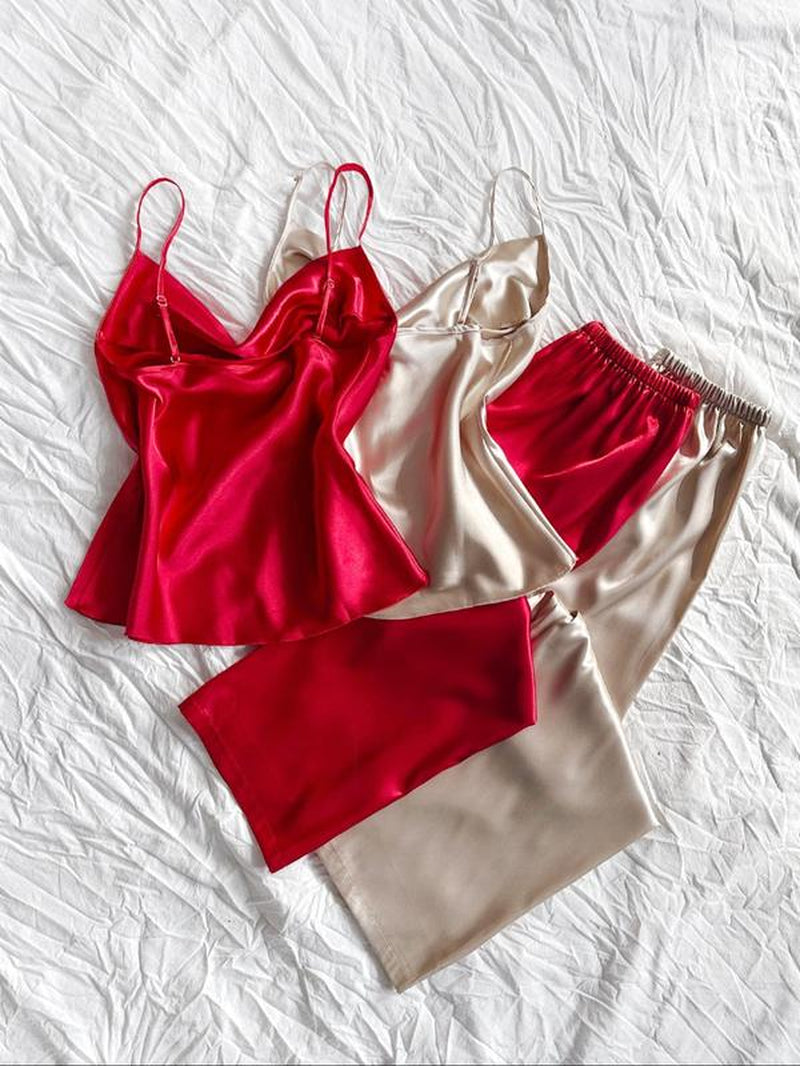 Women'S Solid Color Cami Top & Elastic Waist Pants Pajama Set, Casual Comfy Loungewear Set for Daily Wear, Ladies Sleepwear for Summer
