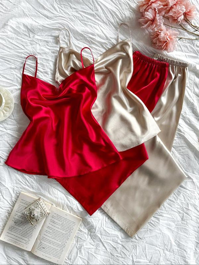 Women'S Solid Color Cami Top & Elastic Waist Pants Pajama Set, Casual Comfy Loungewear Set for Daily Wear, Ladies Sleepwear for Summer