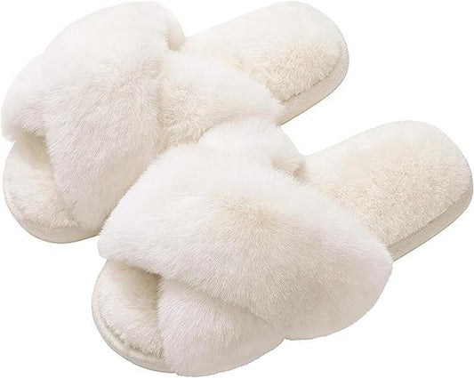 Fuzzy Slippers Cross Band Memory Foam House Slippers Open Toe Women'S Corduroy