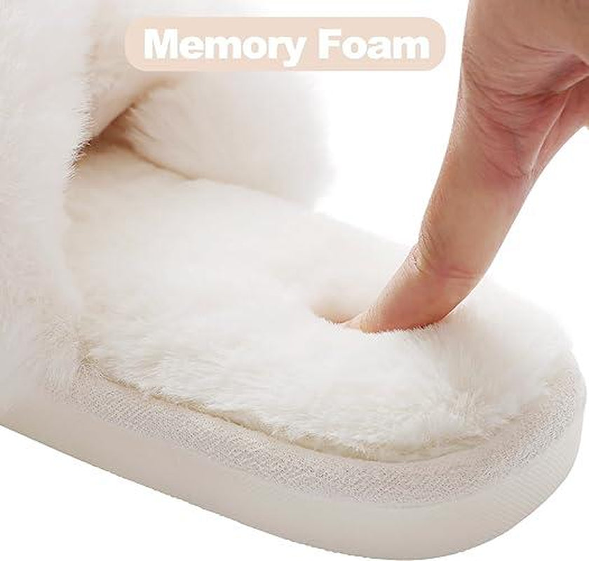 Fuzzy Slippers Cross Band Memory Foam House Slippers Open Toe Women'S Corduroy