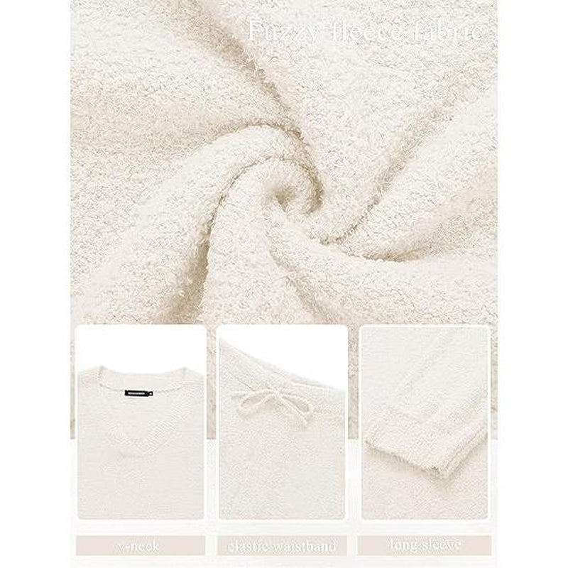 MEROKEETY Women'S 2 Piece Outfits Soft Chunky V Neck Fuzzy Fleece Pajama Set Long Sleeve Top Wide Leg Pants Lounge Wear