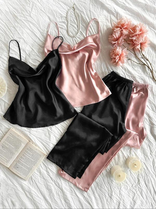 Women'S Solid Color Cami Top & Elastic Waist Pants Pajama Set, Casual Comfy Loungewear Set for Daily Wear, Ladies Sleepwear for Summer