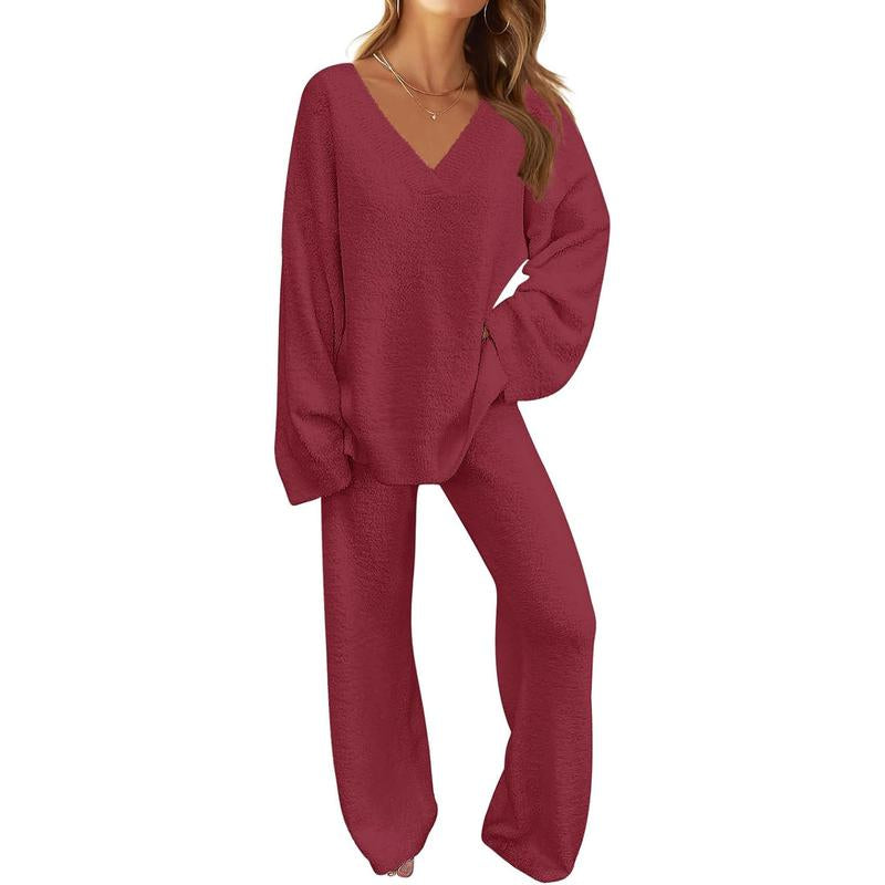 MEROKEETY Women'S 2 Piece Outfits Soft Chunky V Neck Fuzzy Fleece Pajama Set Long Sleeve Top Wide Leg Pants Lounge Wear