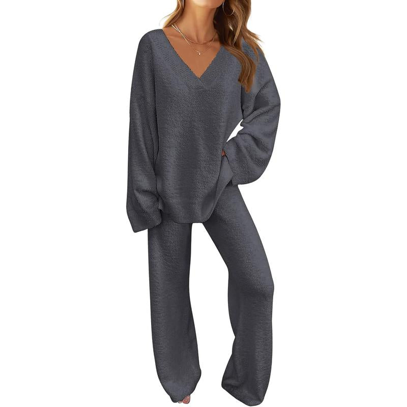 MEROKEETY Women'S 2 Piece Outfits Soft Chunky V Neck Fuzzy Fleece Pajama Set Long Sleeve Top Wide Leg Pants Lounge Wear