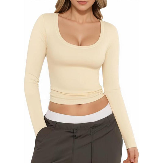Womens Scoop Neck Long Sleeve Shirts Slim Fitted Sexy Crop Tops