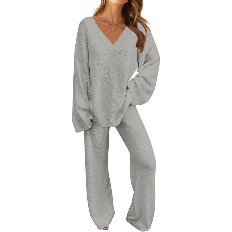 MEROKEETY Women'S 2 Piece Outfits Soft Chunky V Neck Fuzzy Fleece Pajama Set Long Sleeve Top Wide Leg Pants Lounge Wear