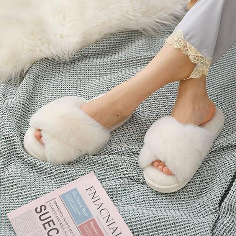 Fuzzy Slippers Cross Band Memory Foam House Slippers Open Toe Women'S Corduroy