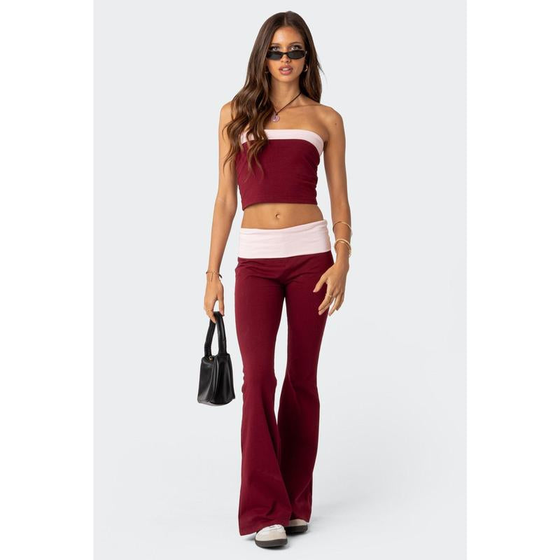 Contrast Fold over Flared Leggings
