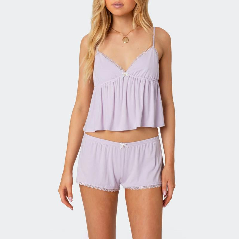Women'S Summer Lounge Set Sleeveless V Neck Cami Tops Lace Trim Shorts Sleepwear Outfits Cute Women'S Pajamas Set