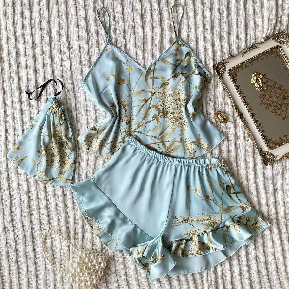 Elegant Floral Print Cami Tops Ruffle Hem Shorts Pajama Set Women'S Sleepwear Loungewear